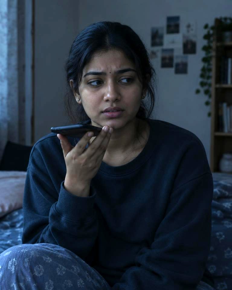 Hesitant person unsure while recording her voice on a phone