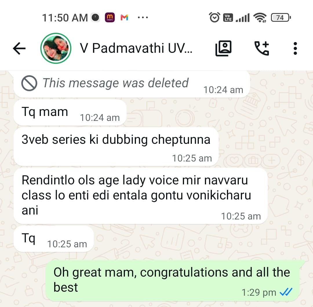 WhatsApp message from student about dubbing for three web series