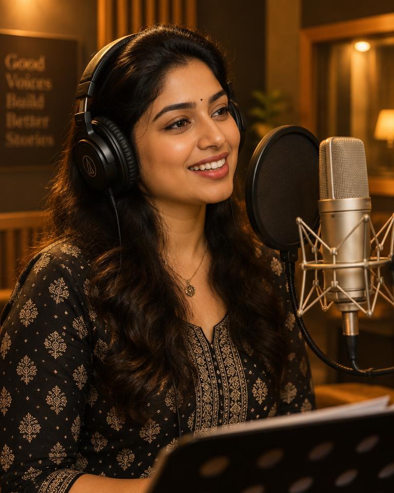 Confident voice artist speaking into a studio microphone