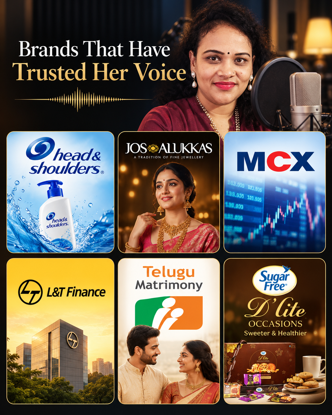 Brands Rekha has voiced: Head & Shoulders, Jos Alukkas, MCX, L&T Finance, Telugu Matrimony, Sugar Free D'lite